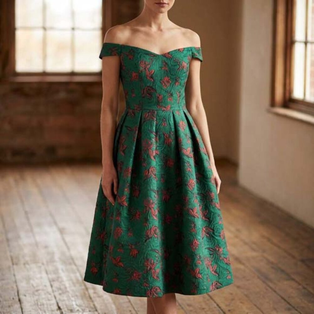 Off-the-Shoulder Green Floral Midi Dress